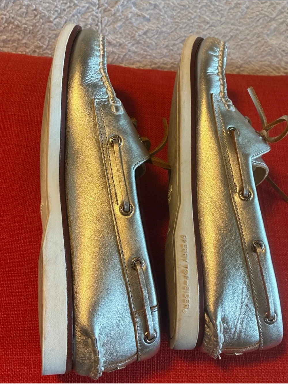 Sperry Metallic Silver Leather Men’s Boat Shoes with Brown Laces